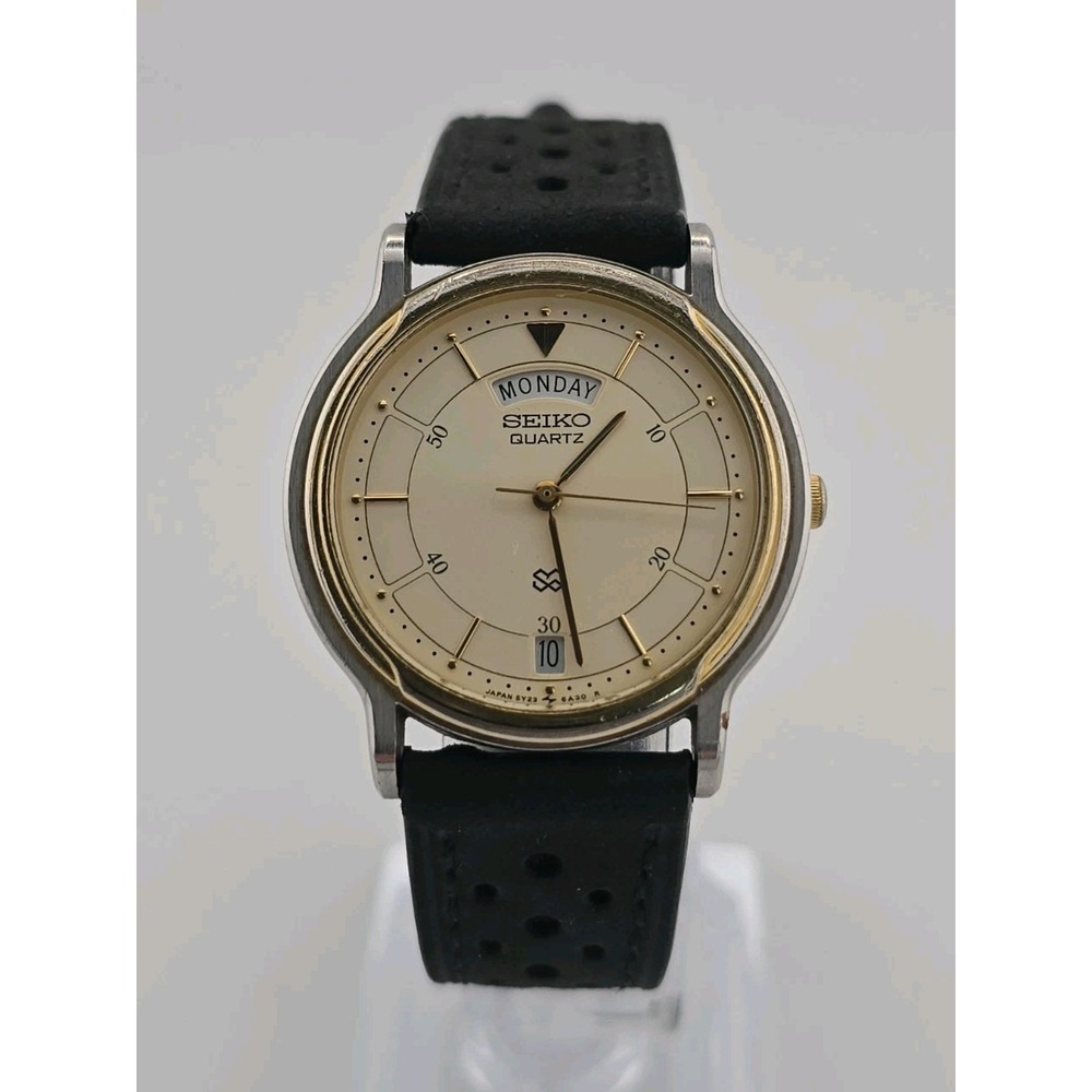 Vintage Seiko 5Y23-6A19 Mens Watch 33mm Cream Dial Leather Day Date New Battery